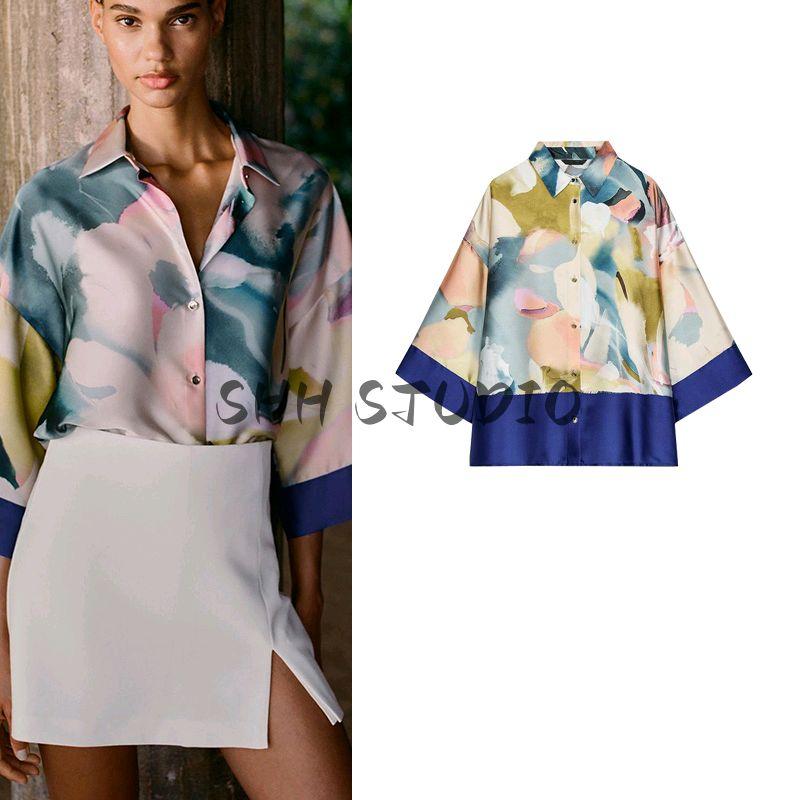 Spring and Summer New Women clothes Western Style Lapel Print Silk Satin Texture Fashion Long sleeve Shirts 2836247