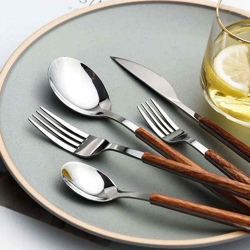 Imitation Wood Handle Stainless Steel Flatware Set Knife Fork Spoon Teaspoons 5 Pieces Set Korean Ins Kitchen Tableware Set Home Party Dinnerware Set