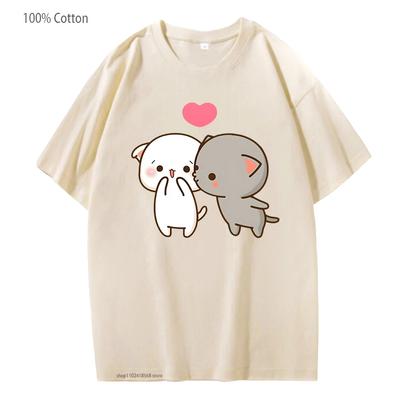 Pfirsich und Goma Mochi Katze T-Shirt Damen Cartoon Druck Kleidung Kawaii Boba T-Shirt 100% Baumwolle T-Shirts weich Mädchen Süße Kleidung