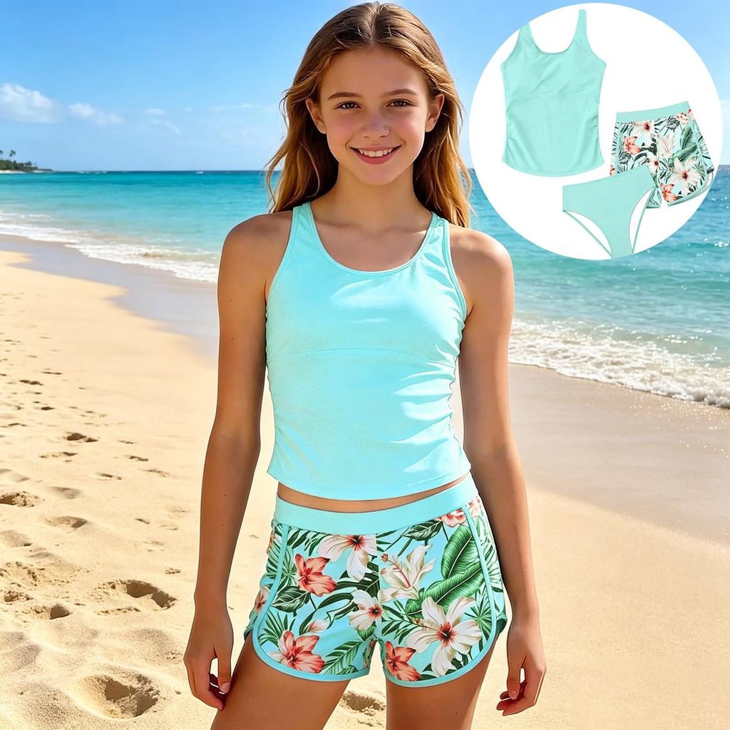 Set da bagno due pezzi Tankini per bambina, stampa floreale, pantaloncini da bagno e top senza maniche, costume da bagno leggero ad asciugatura rapida per bambini