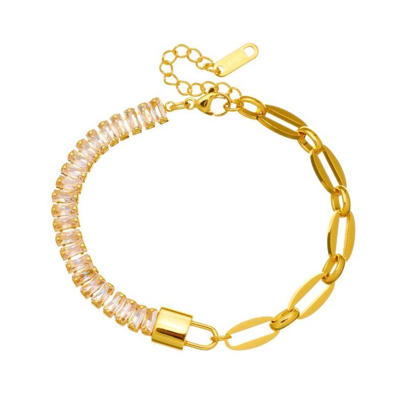 18K Gold Plated Padlock Baguette CZ Link Bracelet, Dainty Paperclip Chain Charm Bracelet for Women, Trendy Jewelry