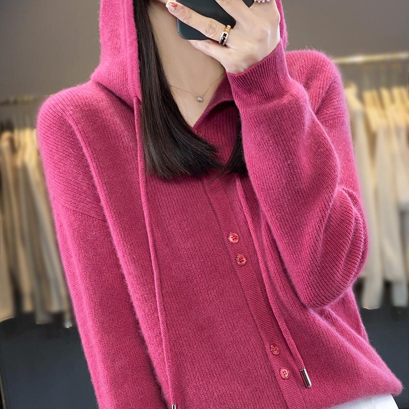 

Осень и зима новый кардиган с капюшоном толстовка женский вязаный свитер с длинным рукавом универсальное пальто верхняя одежда пуловер свитер женский XXL малиновый