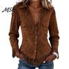 Western Cowgirl Outfit Women Tassel Shirt for Autumn, Button Down Slim Fit Fringe Elegant Date Night Shirts Blouse, Solid Color Casual Long