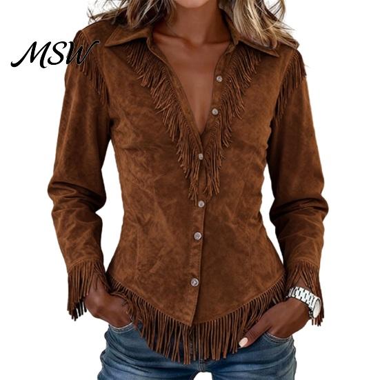 Western Cowgirl Outfit Women Tassel Shirt for Autumn, Button Down Slim Fit Fringe Elegant Date Night Shirts Blouse, Solid Color Casual Long