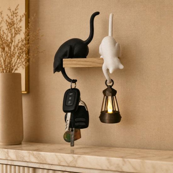 Yousheng 2Pcs 3D Printed Cat Shaped Hook, Black And White Cute Cat Key Hanger, Decorative Ornaments for Cat Lovers, Creative Home Decor Wall Shelf