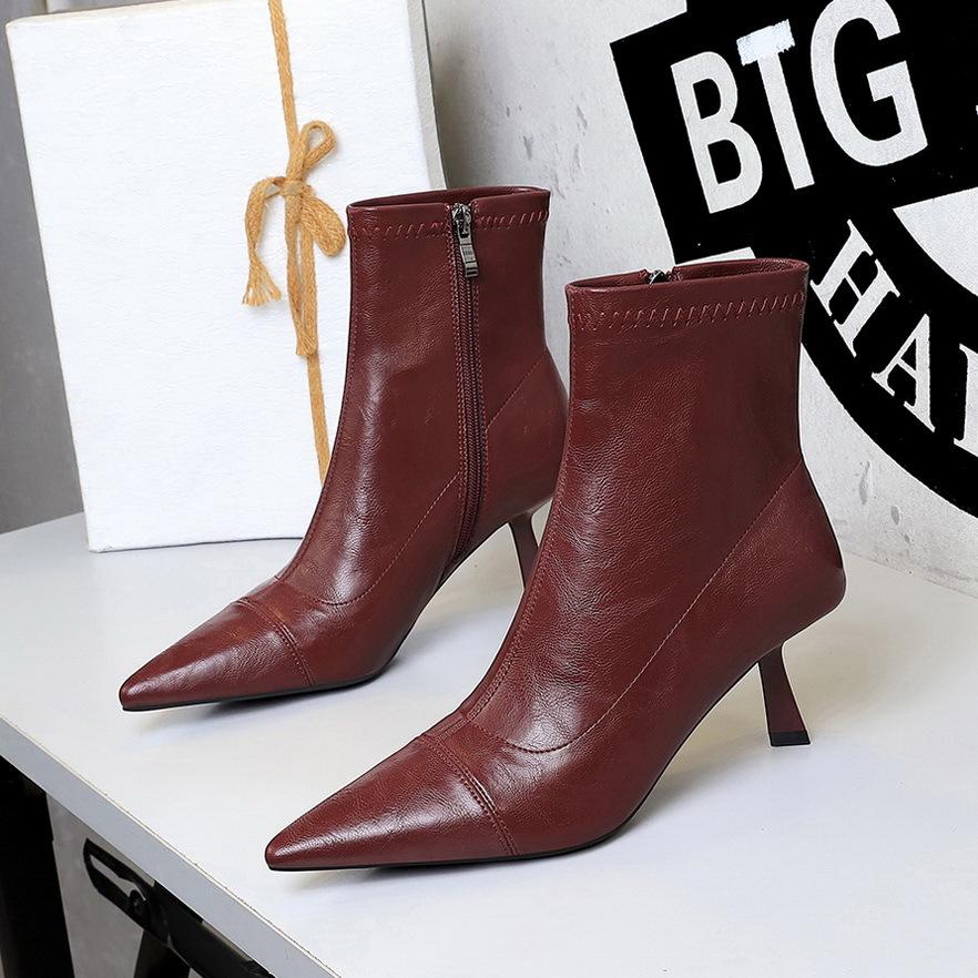 Autumn Winter Shoes Leather Boots Women Shoes Side Zipper Ladies Ankle Boots Pointed High-heeled Boot Stiletto Short Boots