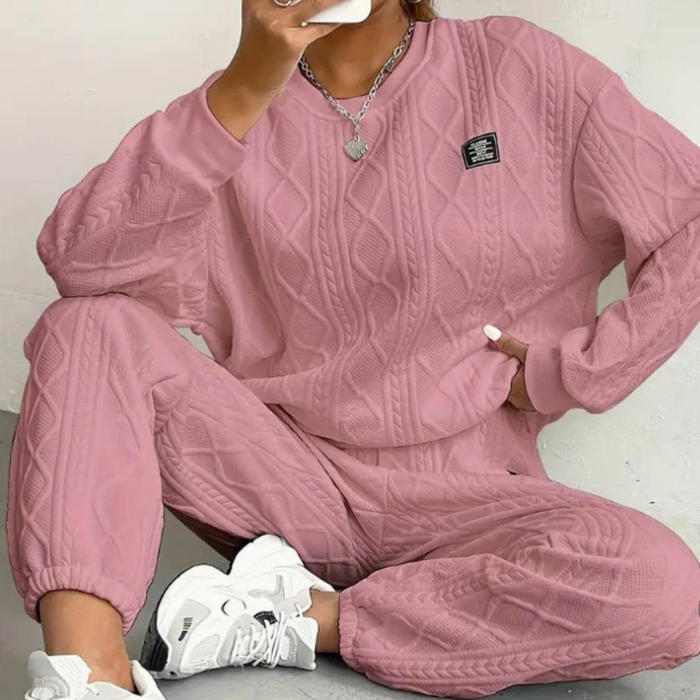 Dames Herfst en Winter Effen Kleur Jacquard Lange Mouw Casual Ronde Hals Sweatshirt en Broek Set
