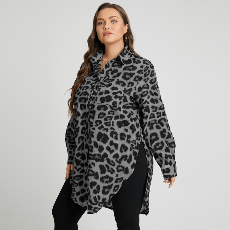 

Весна 2022 г., женские модные рубашки макси с леопардовым принтом, элегантные повседневные свободные длинные блузки с воротником с лацканами и длинными рукавами, топы больших размеров FZH