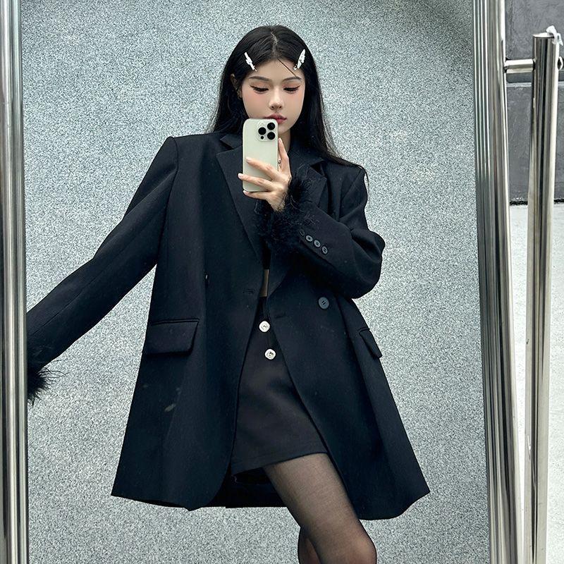 Premium Black Suit Jacket for Women, Sophisticated Long Loose Fit Blazer with Casual Style for Autumn