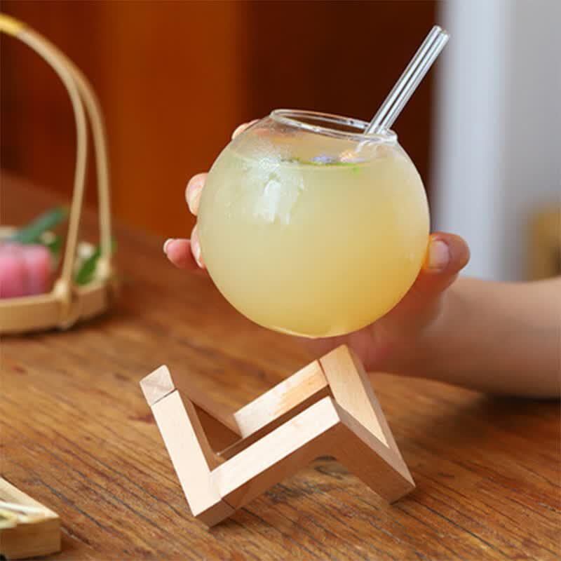 Round Glass Drink Tumbler with Wooden Stand and Straw Set