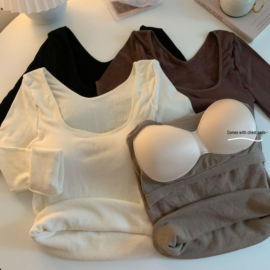 Korean Long Sleeve Fleece-Lined Slim Fit Square Neck Undershirt for Women