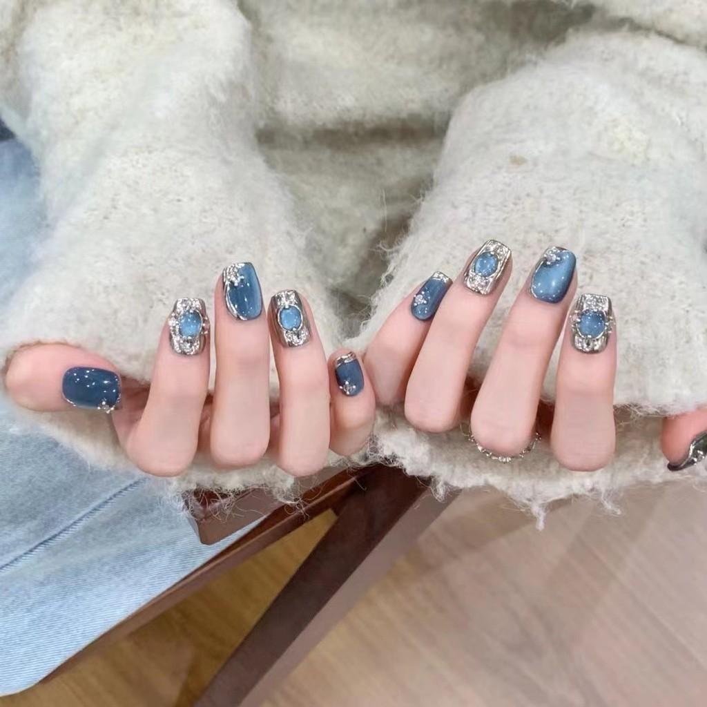 Nail Patch Handmade Blue Cat Eye Short Nails Fashion Temperament Everything