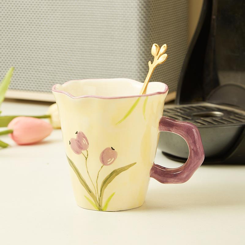 Creative Hand-Squeezed Small Fresh Tulip Mug Hand-Painted Flower Ceramic Cup Office Gift Box Coffee Milk Cup