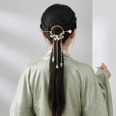 Elegant Hanfu Hairpin Long Tassels Vintage Floral Hair Accessory Flower Design Alloy Material Pearls Hair Sticks Ancient Style