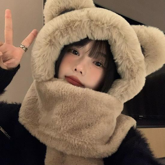 Women's Winter Korean Style Plush Bear Ears Hat, Scarf, and Gloves Three-Piece Set