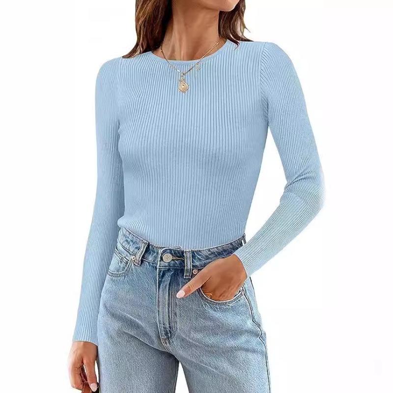 Autumn Winter Fashion Casual Round Neck Solid Color Long Sleeved Top for Women