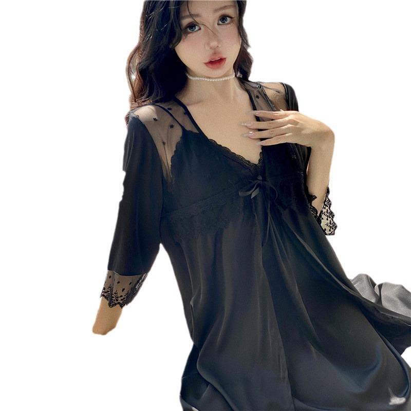 Frühling und Sommer 24 neues Damen-Eisseiden-Träger-Nachthemd zweiteilige Loungewear sexy durchsichtiges Netz-Pyjama