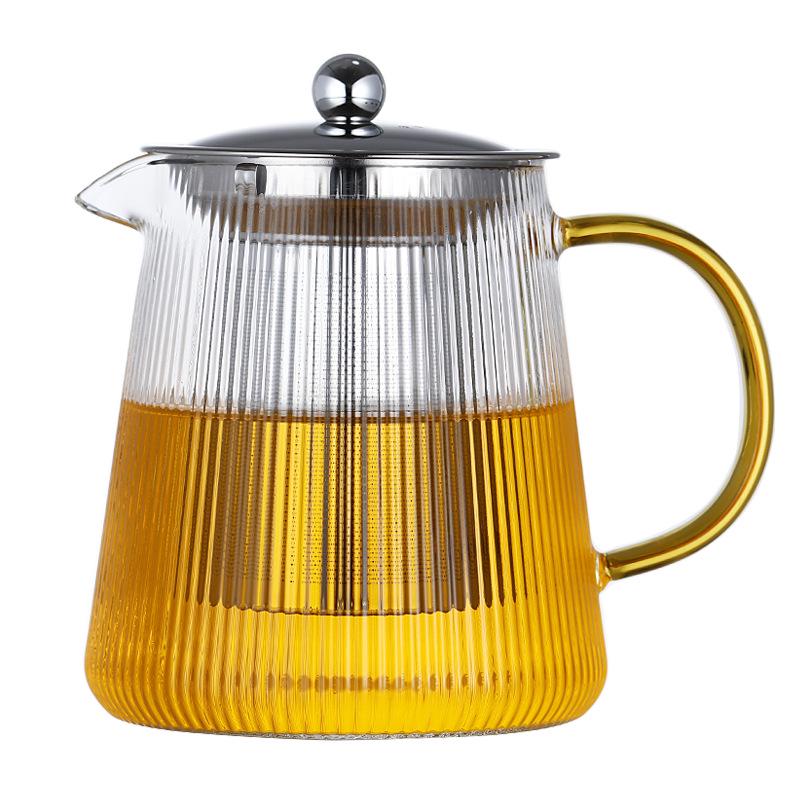 High-Temperature Resistant Glass Teapot with Vertical Pattern and Stainless Steel Filter for Brewing Scented Tea