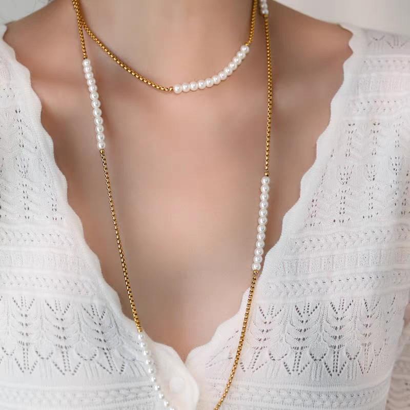 

Non-Fading Stainless Steel Stacked Necklace Gold Long Sweater Chain Accessories Simple Women