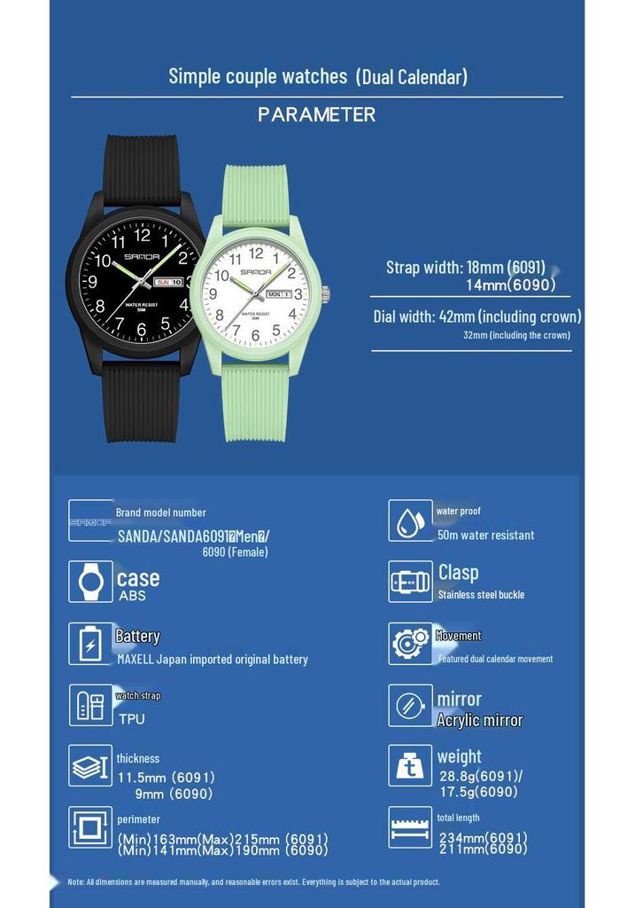 SANDA Couple Youth Fashion Luminous Waterproof Quartz Wristwatch for Men & Women Students