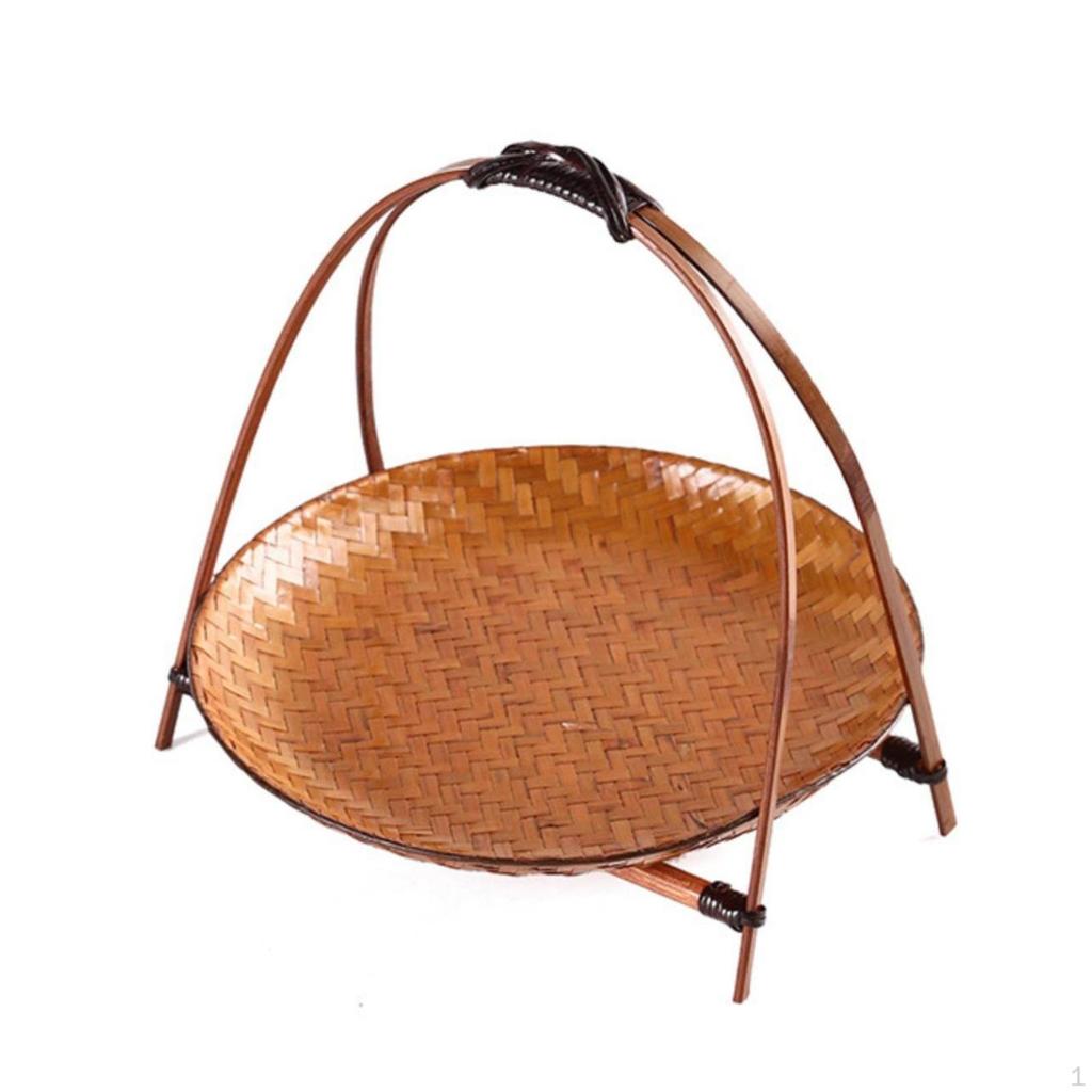 Woven Basket Tray with Stand Freestanding Bamboo Handle Decorative for