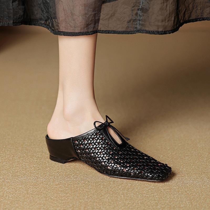 Fashion 2025 New Summer Women Mules Genuine Leather Women Shoes Square Toe Chunky Heel Shoes Cover Toe Slingback Sandals Slippers