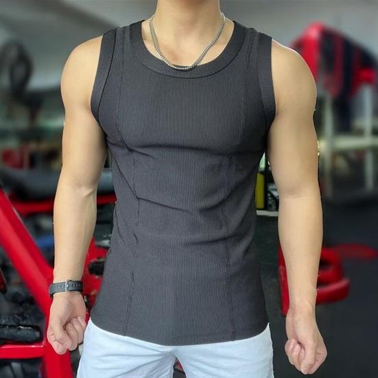 Men Vest Crew Collar Sleeveless Summer Tops Pure Color Ribbed Sport Camisole Lightweight Breathable Quick-Drying Tank Tops