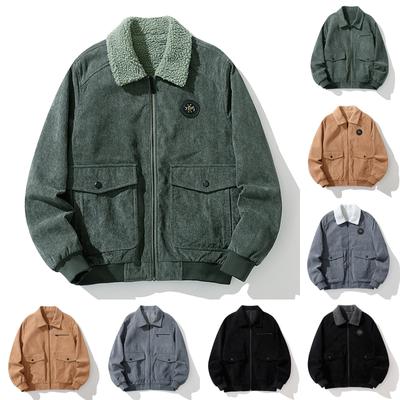 Men's Corduroy Plush Thickened Jacket Large Size Jacket Solid Color Lapel Loose Lambswood Jacket