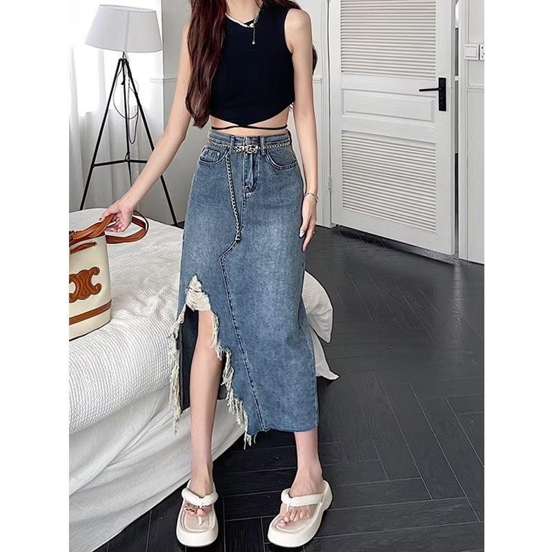 Large Size Irregular Retro Open Fork Denim Half-body Skirt Woman Summer Thin Medium-length Package Hip A Word Skirt