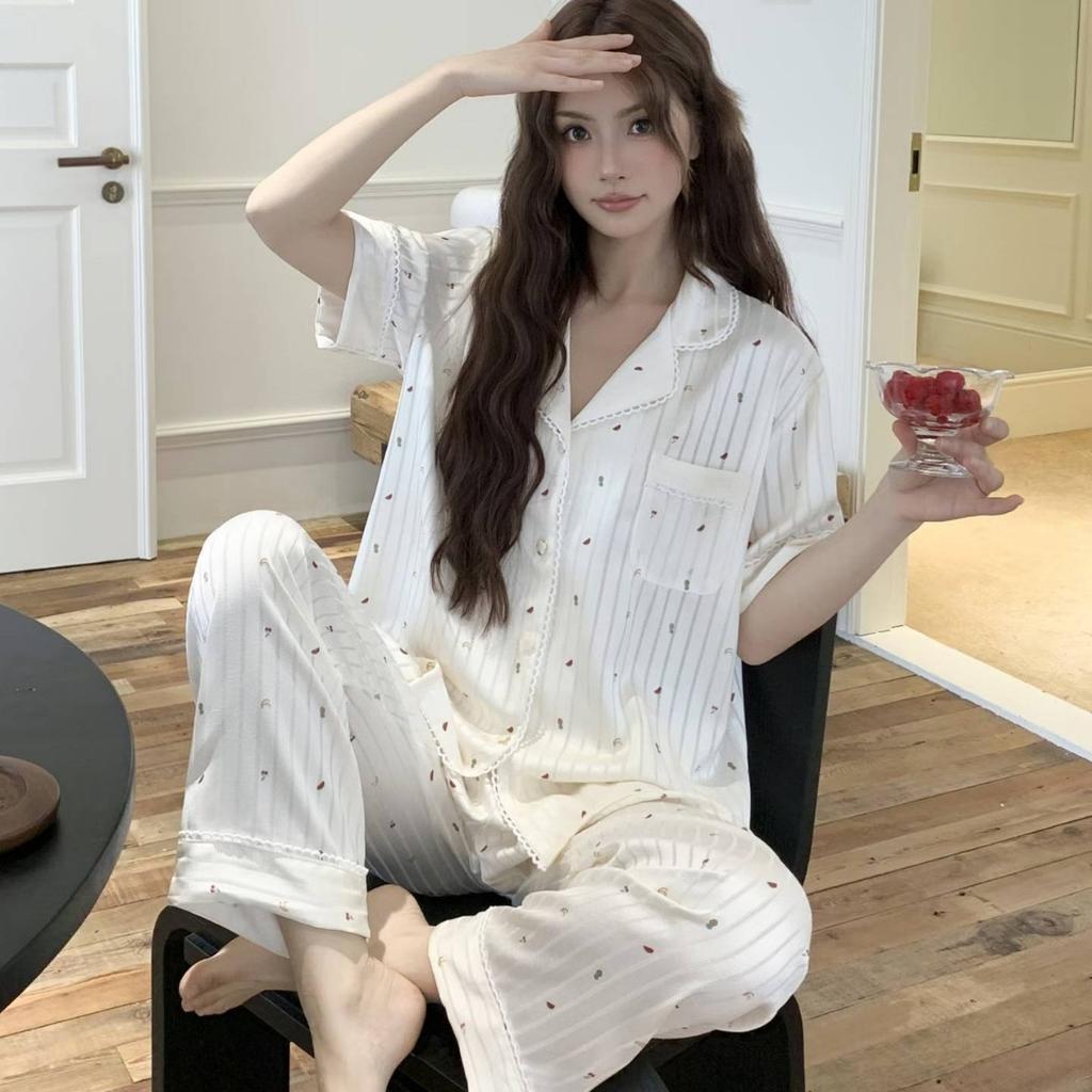 Ice Silk Pajamas for Women Summer 1011 New Short-Sleeve Three-Piece Pajama Silk Women's Loungewear Set