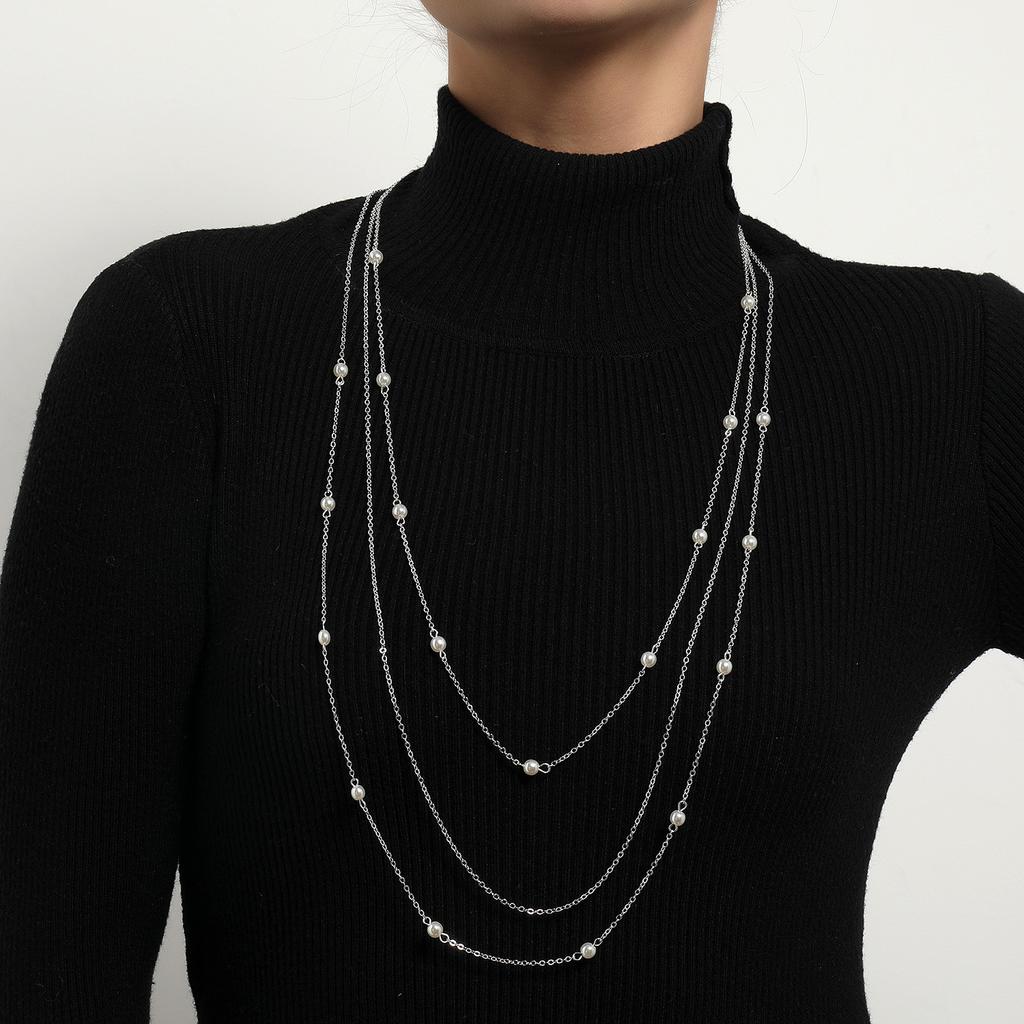 Long Autumn and Winter Elegant Imitation Pearl Level Necklace Women's Geometric Trend Sweater Chain