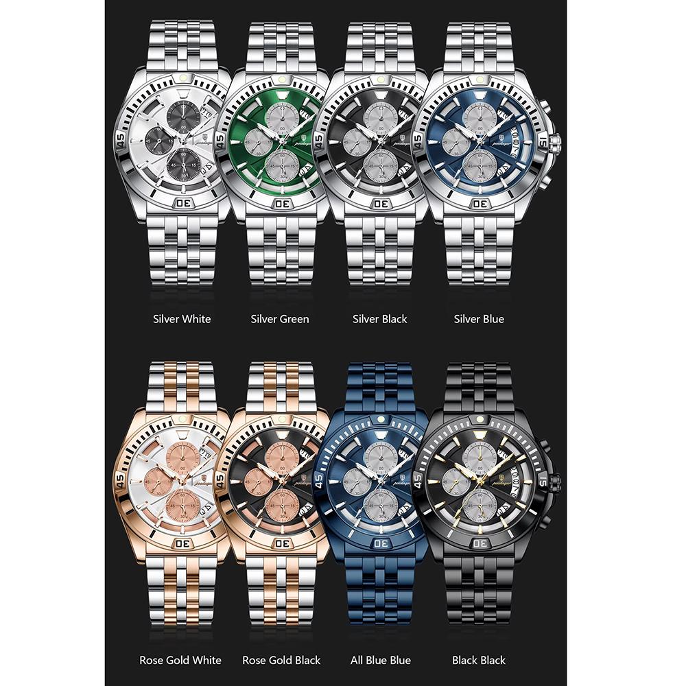 Men Chronograph Watches Stainless Steel Analog Quartz Wrist Watch Waterproof Luminous Date Business Dress Watch for Men