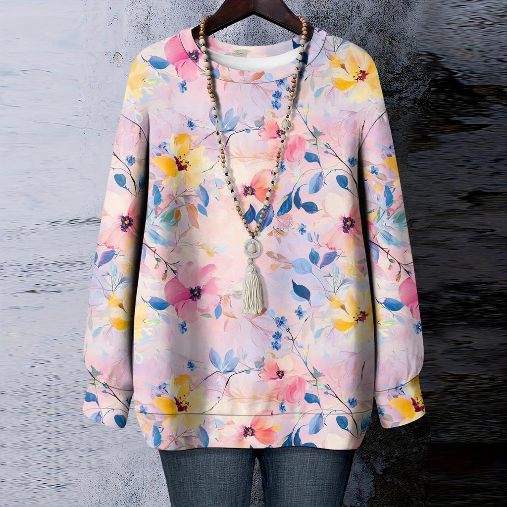 Women's Floral Print Round Neck Long Sleeved T-shirt Sweatshirt Top