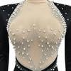 Fashion Sexy Rhinestone Mesh Beaded Backless Long Sleeve Midi Dress for Women