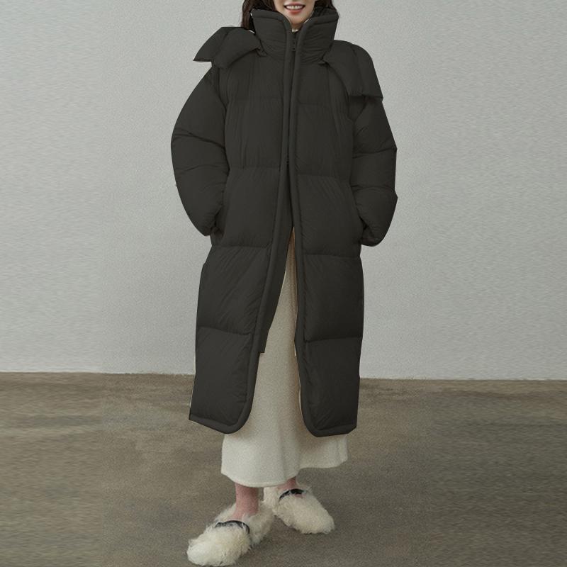 

Пуховик ветрозащитный женский длинный зимняя теплая куртка с капюшоном белый утиный пух One Size чёрный