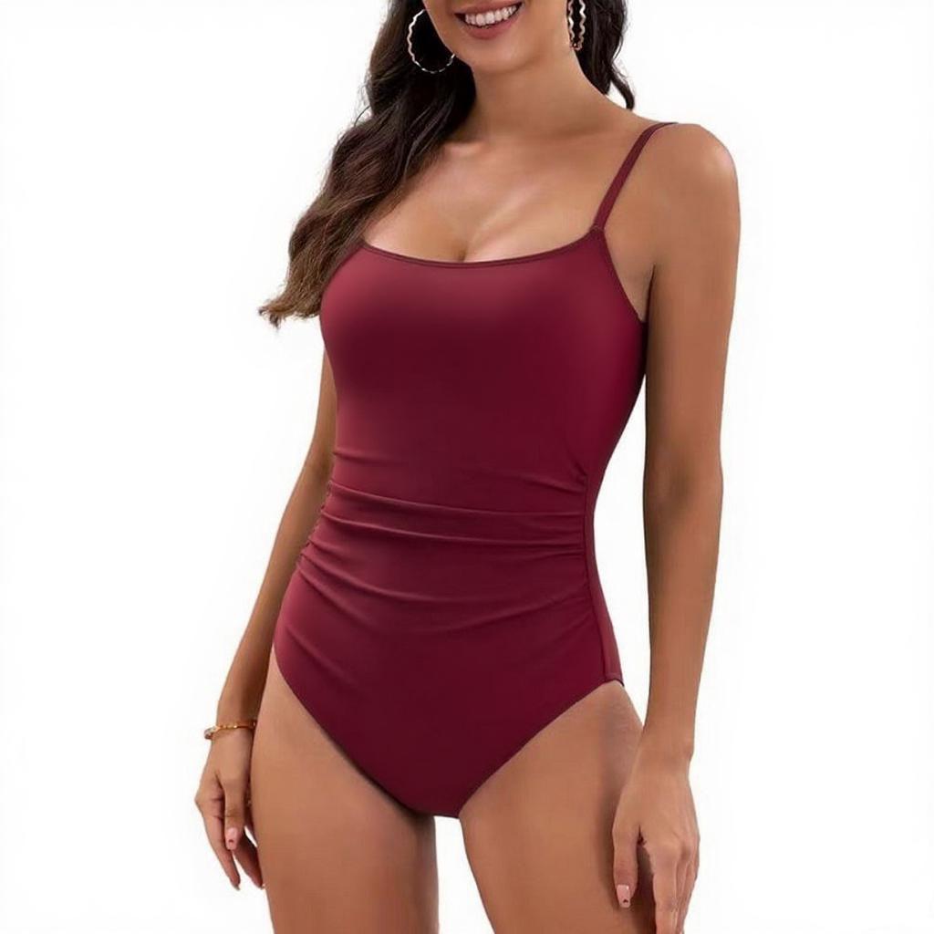 European and American Pleated Solid Color Sexy One-Piece Swimsuit for Women