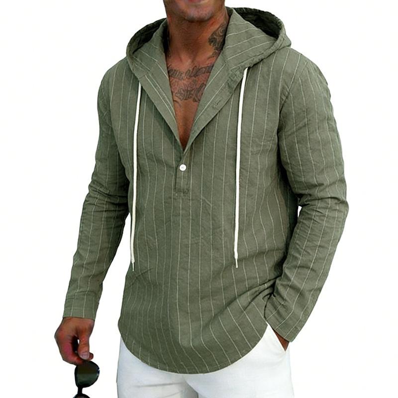 Men's Linen Striped Long Sleeve Hooded Shirt with Half Zip and Drawstring, Relaxed Fit
