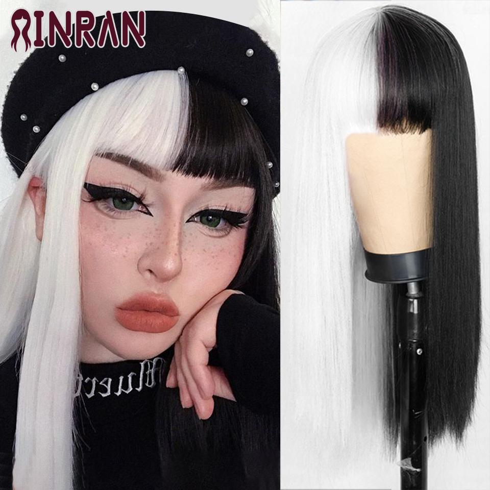 XINRAN Lange gerade weinrote Perücke mit Pony, synthetische Perücken für Frauen, hitzebeständiges Naturhaar für die tägliche Halloween-Cosplay-Party