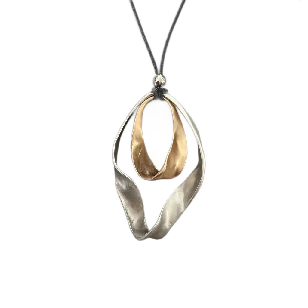 European-American Silver & Gold Double Ring Twist Pendant Necklace: Fashionable Long Sweater Style for Women