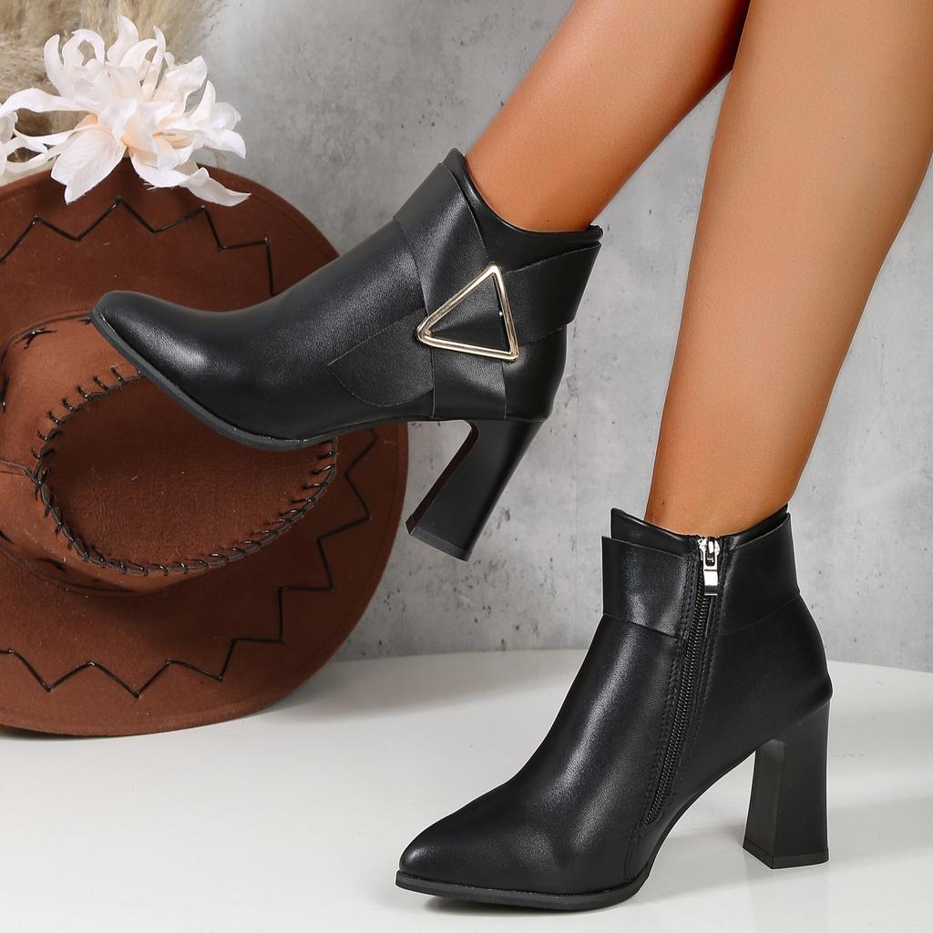 Foreign Trade Pointed High-heeled Fashion Boots Women's 2025 Autumn New Large-size Side Zipper Metal Decorative Short Boots
