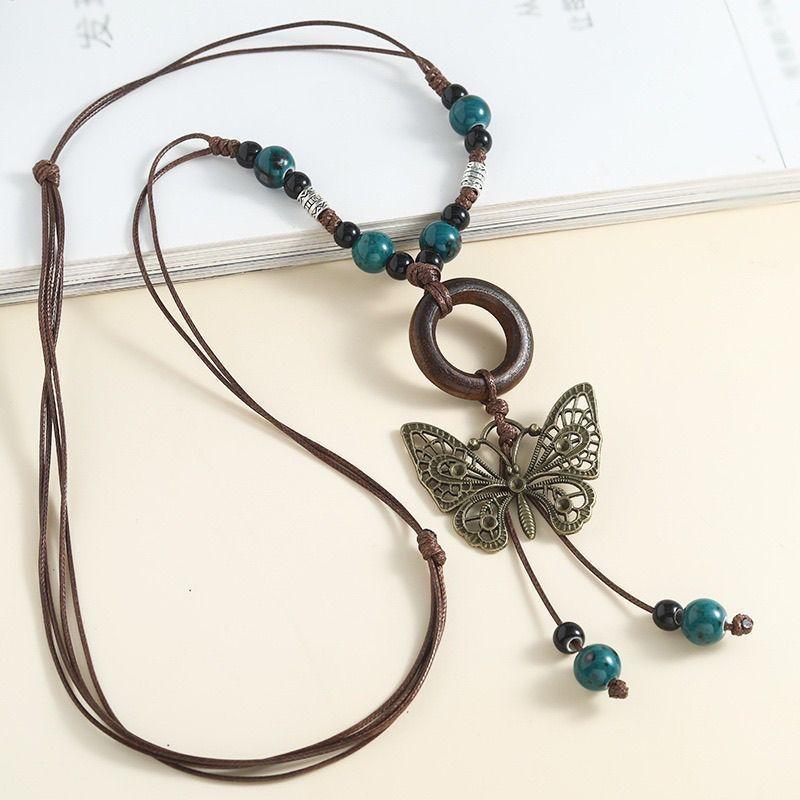 Butterfly Pendant Ceramic Necklace Long Vintage Versatile Wooden Ring Sweater Chain Adjustable Clothes Accessories