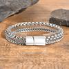 Mens Stainless Steel Bracelets,Double Layer Chain Links Wristband with Magnetic Button,Trendy Jewelry Gifts for Dad Boys
