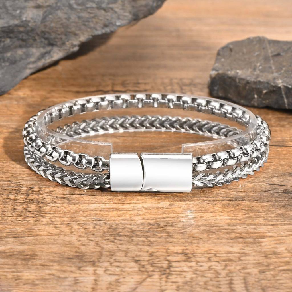 Mens Stainless Steel Bracelets,Double Layer Chain Links Wristband with Magnetic Button,Trendy Jewelry Gifts for Dad Boys