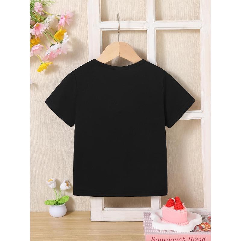 European sizes Girls' Summer Short-sleeved T-shirt, Cute Cartoon Cat-shaped Sun Print Round Neck Top, Short-sleeved Casual Top