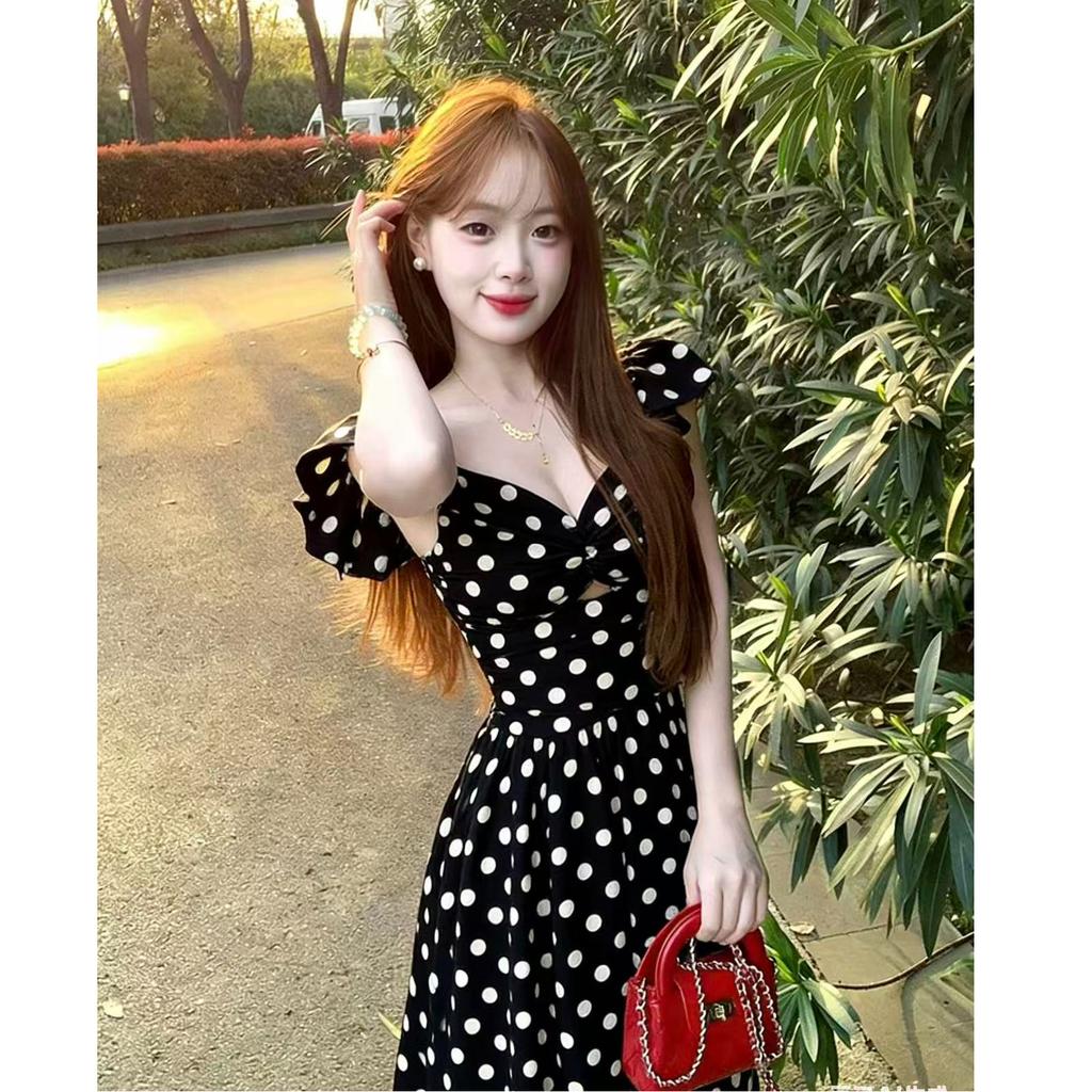 Korean sweet high-end polka dot dress for women's summer new pleated waist and thin temperament long skirt