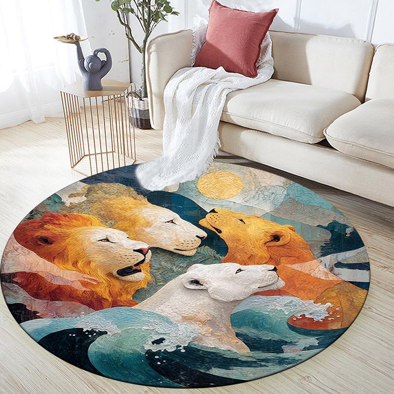 Lion Round Area Rug,Carpet Rug for Living Room Bedroom Sofa Playroom Decor,Non-slip Floor Mat