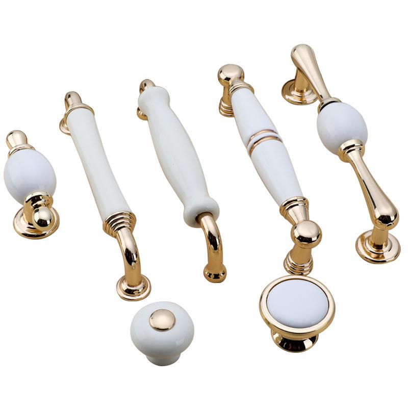 Fashion Ceramic Cabinet Handles Golden Kitchen Cupboard Door Handles Drawer Knobs European White Furniture Pulls