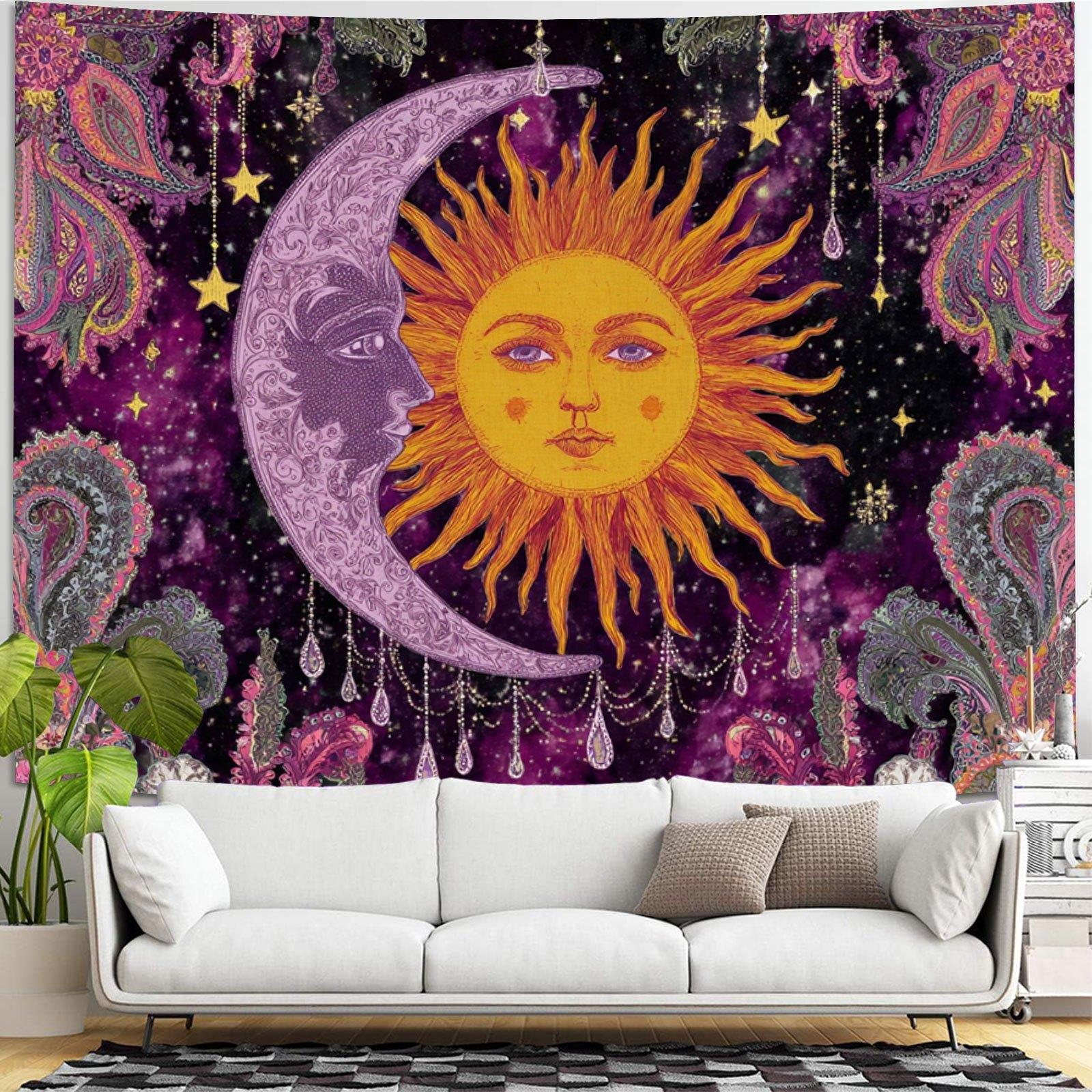 Bohemian Sun Moon Tapestry Mysterious Astrology Purple Starry Sky Background Cloth Living Room Decoration Ins Room Decoration 100X70CM