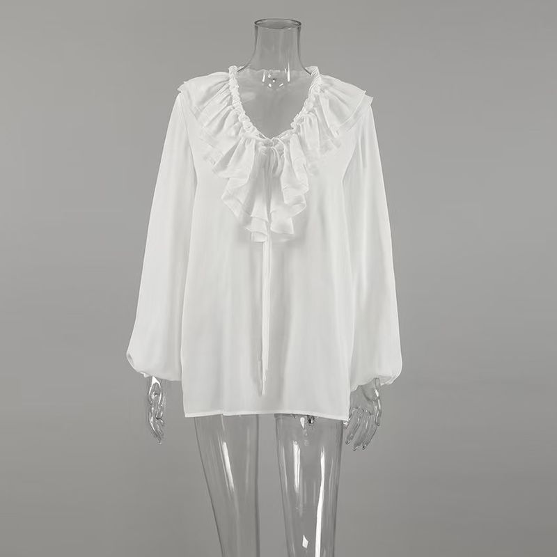 Fashion Fashion V-neck Flounce Lace-up Long Sleeve Shirt Loose Lotus Leaf Lace Up Shirt