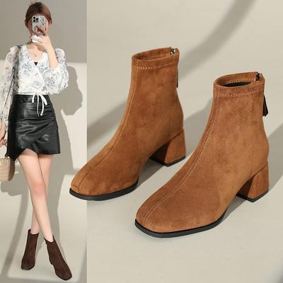 Skinny Boots Short Boots Elastic Boots Autumn and Winter Suede French High Heel Thick Heel New Martin Boots Women's 2025 Velvet Square Head